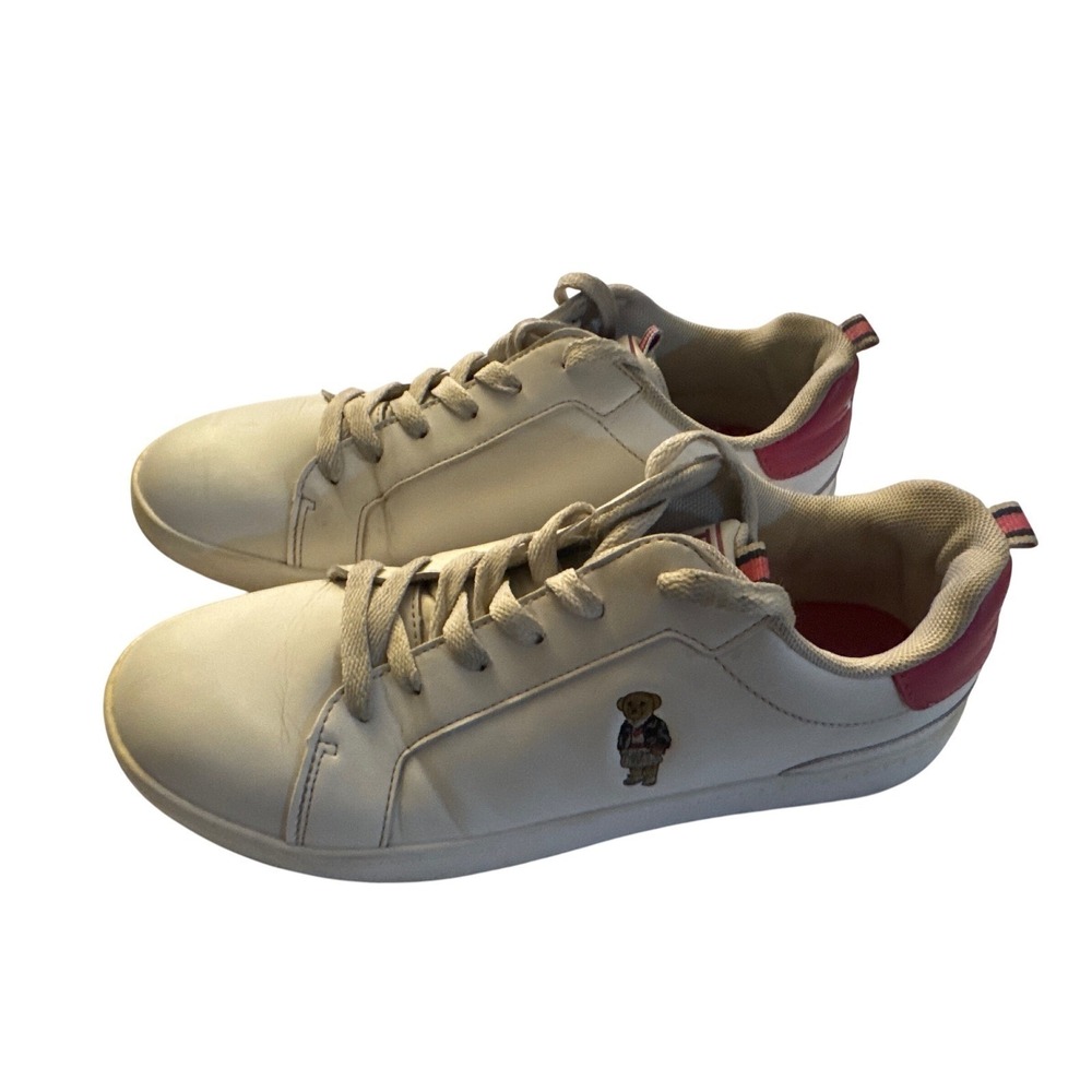 Polo Ralph Lauren White Leather‎ Sneakers Teddy Bear Girls Size 5.5 Pink Accent